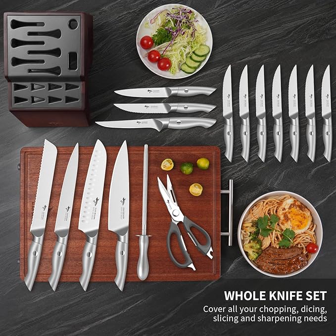 MAD SHARK Knife Set for Kitchen with Block, 17pc Cutlery Set, Built-in Sharpener, German Stainless Steel, Non-slip Ergonomic Handle, Dishwasher Safe