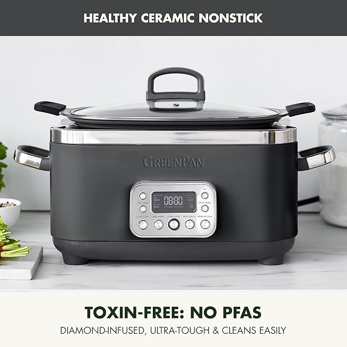 GreenPan Elite 8-in-1 Programmable 6QT Electric Slow Cooker, Dishwasher Safe Lid & Removable Crock, PFAS-Free Healthy Ceramic Nonstick Multi-Cooker, Sear,Sauté/Brown,Steam Basket,Roast, Graphite