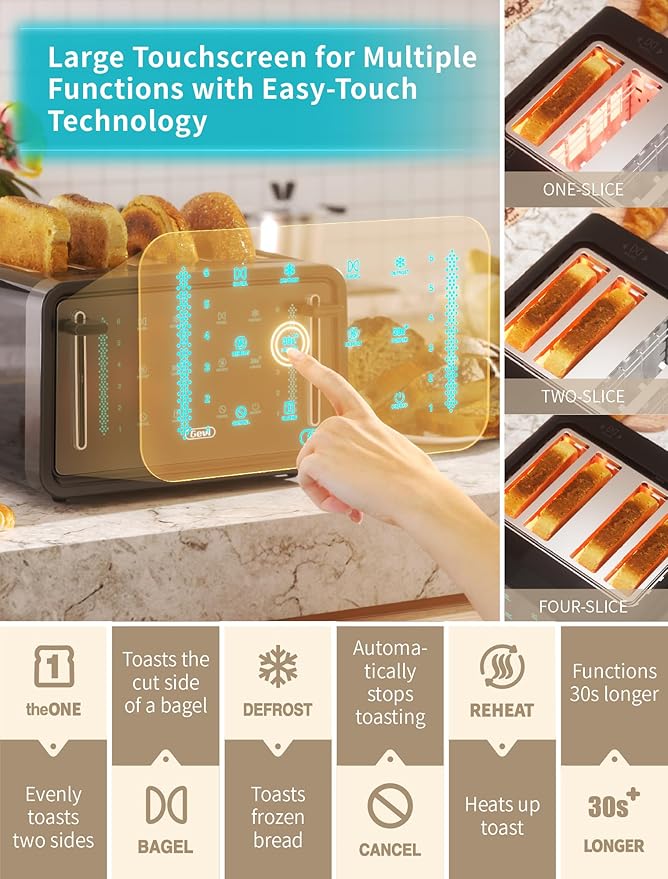 Gevi Toaster 4 Slice,Led Display Touchscreen Bagel Toaster with Dual Control Panels of Bagel/Reheat/Defrost/Cancel/Toasting One Slice/Longer Function,6 Shade Setting