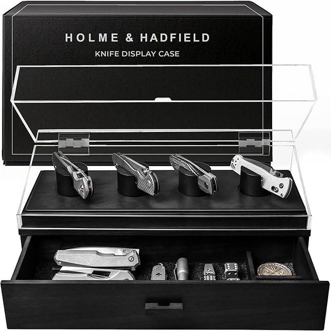 Premium Pocket Knife Display Case for 10 Knives - Wooden Knife Organizer, Storage & Holder with Unique Pillars, Hinged Cover, Drawer - Knife Collection Box - Handcrafted for Men