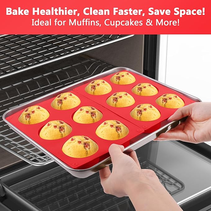 3-Pack 6-Cup Silicone Muffin Pan - Non-Stick Baking Mold for Cupcakes, Muffin Cupcake Pans Molds for Baking, Cornbread, Eggs - Red