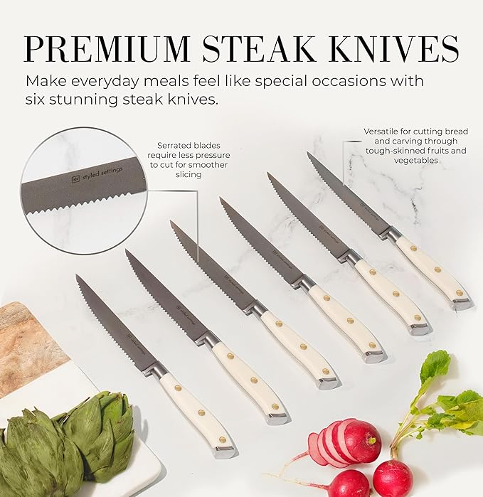 Styled Settings White Knife Set with Block and Sharpener – 14-Piece Ultra-Sharp High Carbon Stainless Steel Knives with Gold Triple Rivet White Handles and Ashwood Knife Block