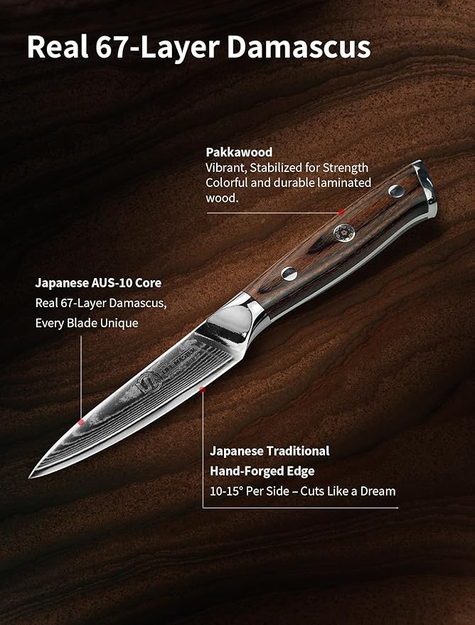 Damascus Paring Knife - Collectible 3.5 Inch Utility Knife with Pakkawood Handle, Japanese High Carbon Steel Blade, Small Fruit & Vegetable Knives for Kitchen, Outdoor, Camping, or Gift Use