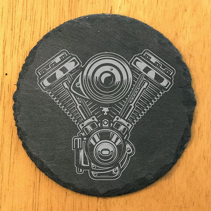 Rev Up Your Ride: V-Twin Engine Coasters for Bikers - Round Slate - Set of 5