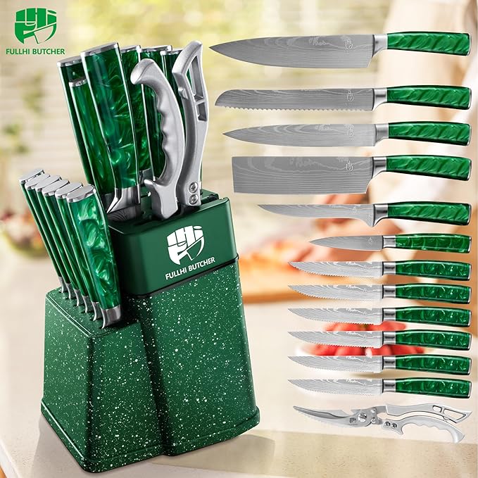 FULLHI 14pcs Block Knife Set, Chef's Knife Steak Knives Set with Block and Sharpener, Kitchen Knife Set, Multi-colour Handle, Gifts for Men Women