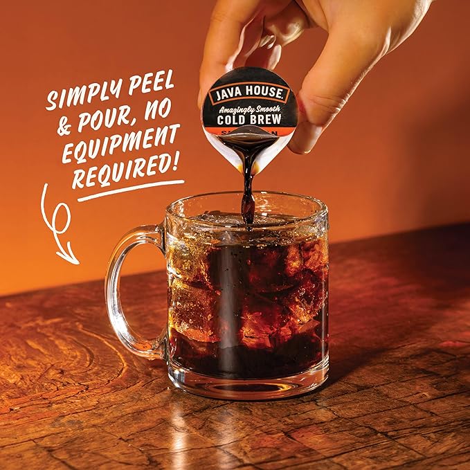 JAVA HOUSE Dark Roast Sumatran Cold Brew Pods, (12 Count) Peel and Pour Pods Hot or Iced Instant Coffee Concentrate