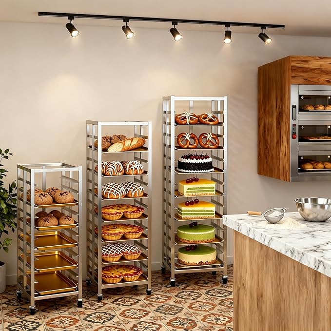 Bun Pan Rack, Commercial Bakery Sheet Rack with Brake Wheels, 15-Tier Stainless Steel Baking Tray Food cart ，for Bakeries Restaurant & Catering（Trays Not Included） ﻿ (15 Tier)