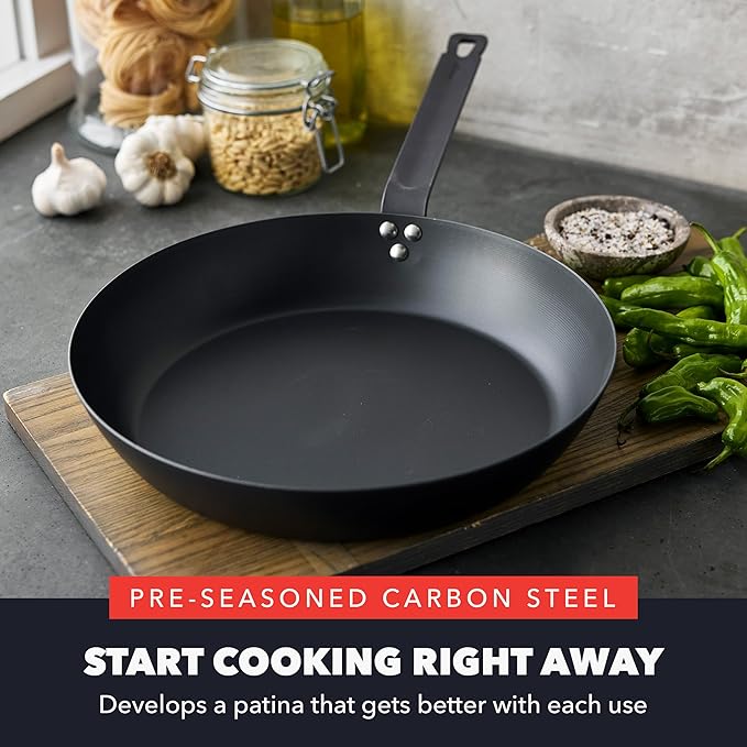 GreenPan x Bobby Flay 12" Carbon Steel Frying Pan Skillet, Pre-Seasoned Ready to Use, Nontoxic, PFAS-Free, Induction Compatible, High Heat & Oven Safe Durable Cookware, Cast Iron Alternative