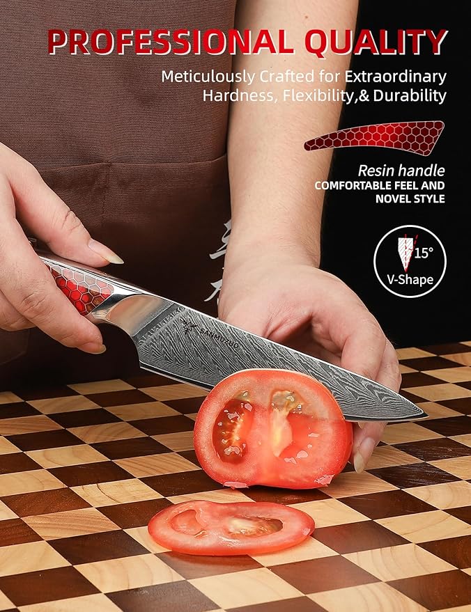 5 inch Utility Knife, Japanese VG-10 Damascus Steel Kitchen Knife, Ultra Sharp Fruit Knife with Full-tang Handle in Red Resin, LA-S9 Series