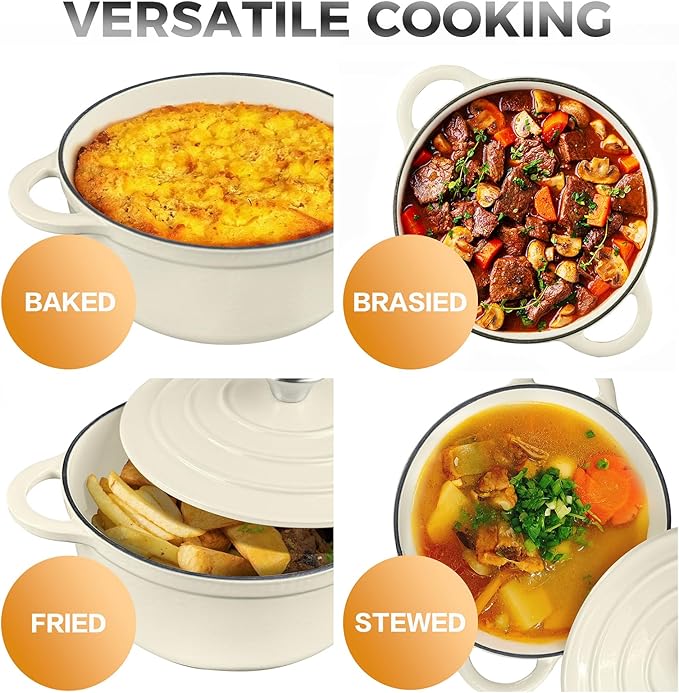 Trustmade 4.5 QT Cast Iron Dutch Oven, Enamel Coated Cookware Pot with Self Basting Lid for Home Baking, Braiser, Cooking, White