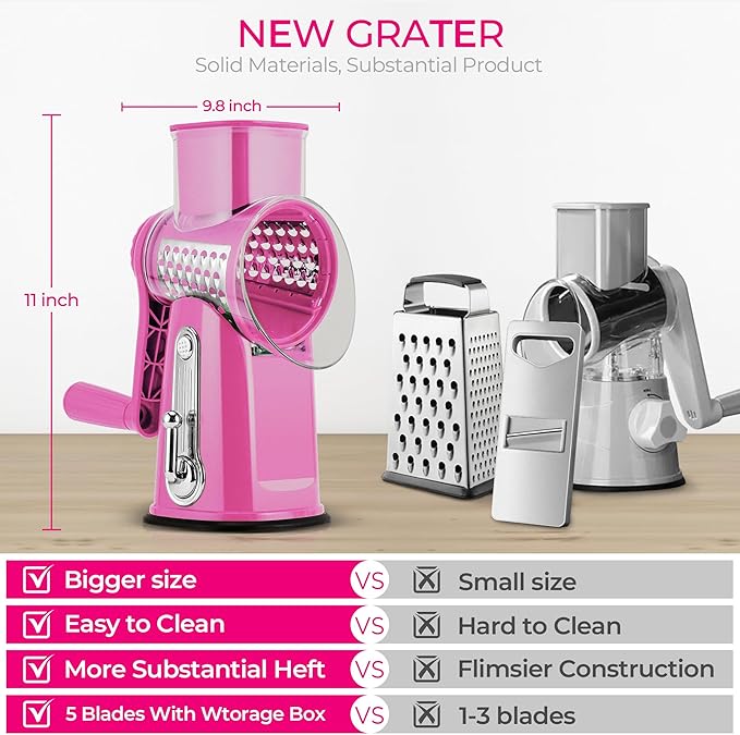SUSTEAS Rotary Cheese Grater with Handle - Vegetable Shredder with 5 Well-designed Blades & Strong Suction Base,Round Mandoline Slicer & Food Chopper for Kitchen,with Blade Storage Box(Pink)