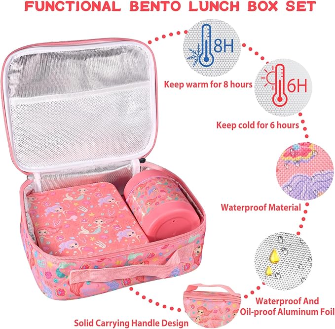 Bento Lunch Box Set for Kids with 10oz Soup Thermo, Leak-Proof Lunch Containers with 4 Compartment, Kids Thermo Hot Food Jar and Insulated Lunch Bag for Kid to School,BPA-Free(Mermaid)