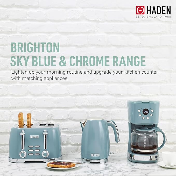 Haden Brighton Coffee Machine, 12 Cup Programmable Drip Coffee Maker with Auto Shut-Off Function and Reusable Washable Water Filter, Sky Blue & Chrome