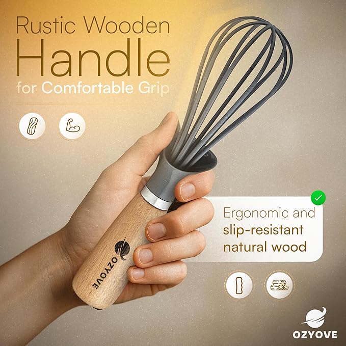 Modern Kitchen Whisk with Wooden Handle, Gray Silicone Wires, Professional Balloon Style for Mixing, Blending, Cooking, Utensil for Whisking Beating Frothing