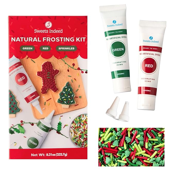 Sweets Indeed Dye-Free Holiday Frosting & Decorating Kit – 8.21 oz | Red & Green Frosting Tubes with 2 Piping Tips and 2 oz Dye-Free Sprinkle Mix | Christmas Cookie Decorating & Holiday Baking Set