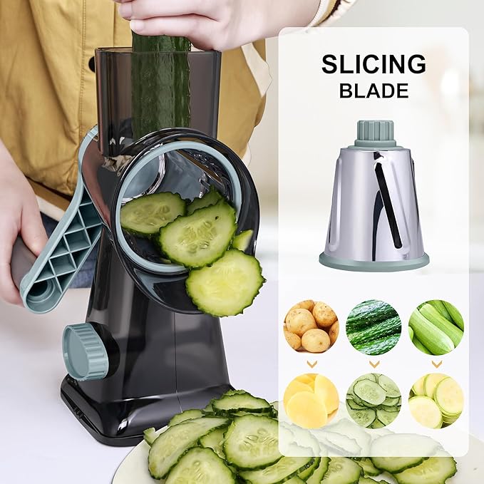 Kaishun Cheese Grater Rotary Grater Sredder Stainless Steel with Vacuum Suction Base Madonline Multi Functional Kitchen Tool Perfect for Easy Shredding and Slicing, Hands Safe Blade Black