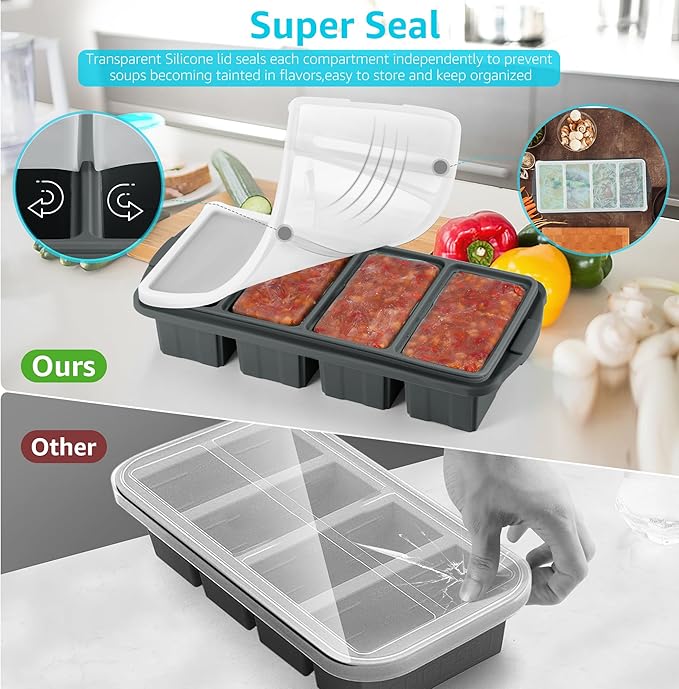 Silicone Freezer Tray With Lid - Silicone Freezer Food Molds- Large Ice Cube Tray,Silicone Freezer Container,Freeze & Store Soup, Sauce, Broth,Leftovers - Makes 4 Perfect 1 Cup