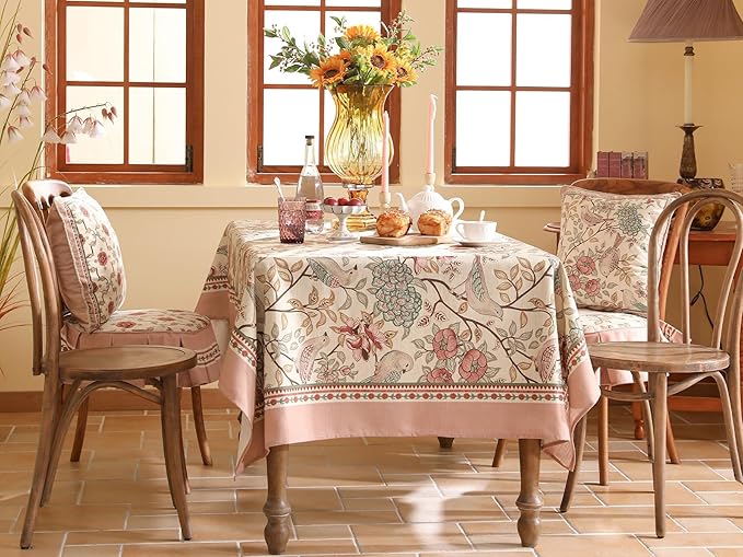 patdrea Designer Pink Linen Table Cloth for Rectangle Table,Vintage Floral with Birds Pattern Decorative Tablcloth,French Table Cover for Kitchen Dining,Thanksgiving,Christmas,63"x110"-Kulom a