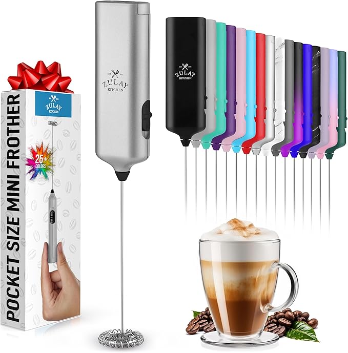 Powerful Milk Frother Wand - Mini & Mighty Handheld Drink Mixer - Portable Coffee Frother For Latte, Cappuccino, Matcha, Hot Chocolate, Creamer - Silver Black