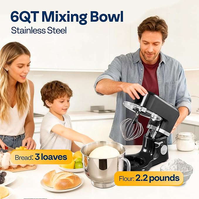 VIVOHOME Stand Mixer with Fermentation, One-Touch Presets Electric Dough Mixer with 6 Qt Bowl, Kitchen Standing Mixer for Baking, Cake with Flex Edge Beater, Bread Hook, Whisk, Black