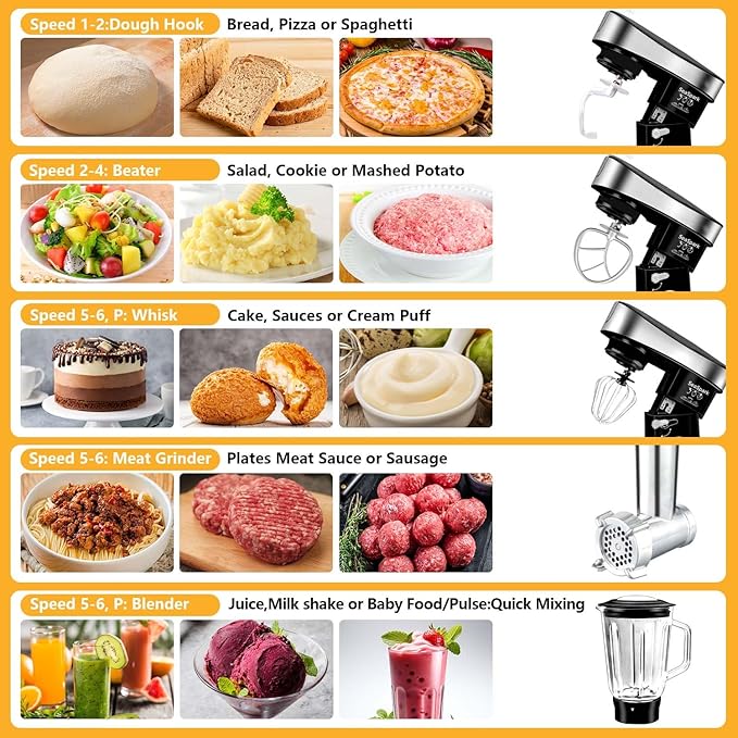 Multifunctional Stand Mixer 6.3Qt 6-Speed Tilt-head, Electric Kitchen Mixer with Stainless Steel Bowl,Meat Grinder, Juice Blender (Black)