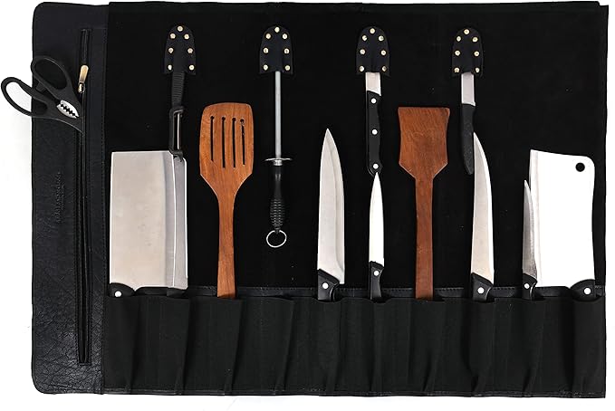 Leather Knife Roll Storage Bag, Elastic and Expandable 10 Pockets, Adjustable/Detachable Shoulder Strap, Travel-Friendly Chef Knife Case (Cerulean Black, Leather)
