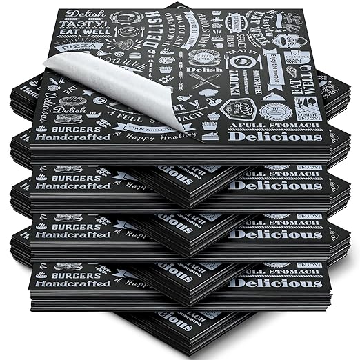 Outus 600 Pcs 12 x 12 Inch Deli Wax Paper Sheets Grease Resistant Tray Basket Liners Newsprint Paper Water and Grease Proof Sandwich Wrapping Square Hot Dog Wrappers for Food Baking (Black)