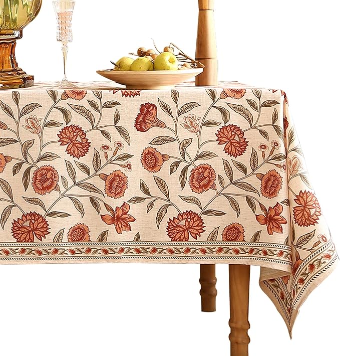 ISAENNE Designer French Small Square Tablecloth,Linen Orange Floral Pattern Indoor Table Cloth,Wrinkle Resistant Decor Table Cloth for Dining Thanksgiving Kitchen Party,55"*55"-Alvarado D