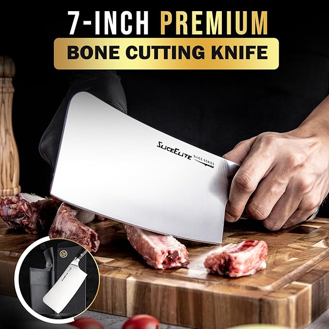 SliceElite Slice Series 7 Inch Bone Cutting knife High Carbon German Steel Blade Pakkawood Handle Dual Sheath Cleaver Chopper Butcher Tool Heavy Duty Kitchen Meat Slicer Vegetable Sharp Gift BBQ Chef