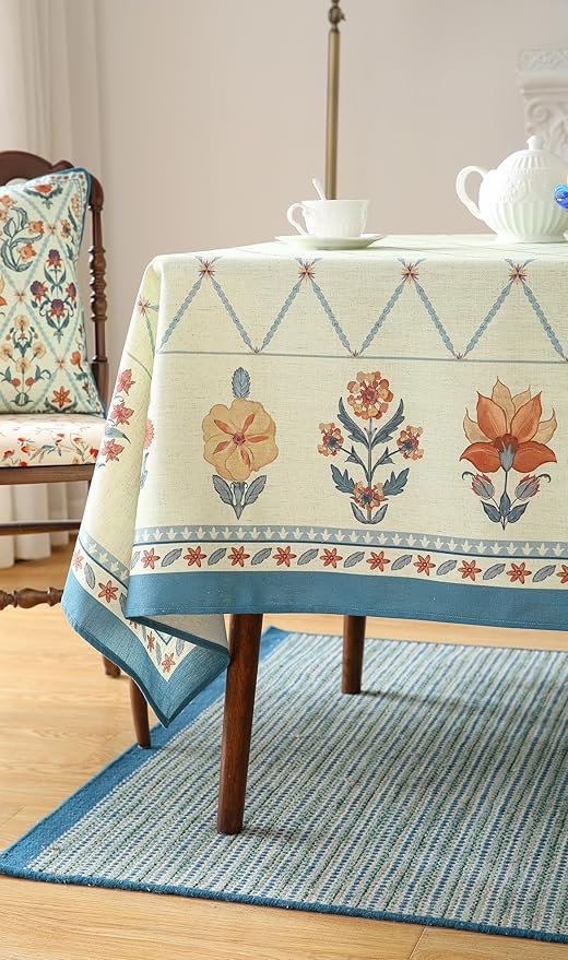 ISAENNE Designer Linen Floral Small Rectangle Tablecloth,Light Green Farmhouse Durable Table Cloth,Washable Decor Tablecloths for Dining Kitchen Thanksgiving Christmas,55"*71"-Floralsea B