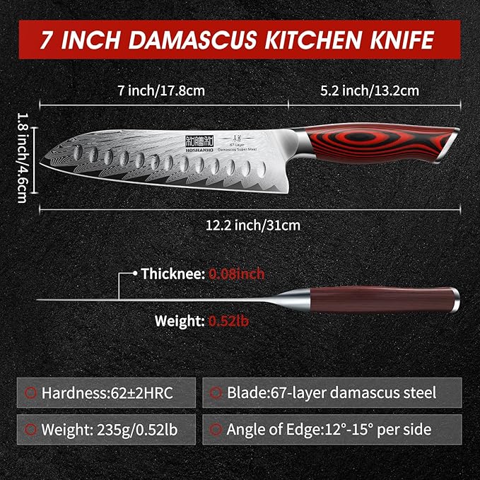 HOSHANHO Damascus Santoku Knife, 7 Inch Professiona Kitchen Knife, Damascus Super Steel Ultra-Sharp Santoku Chef Knife with Ergonomic G10 Handle