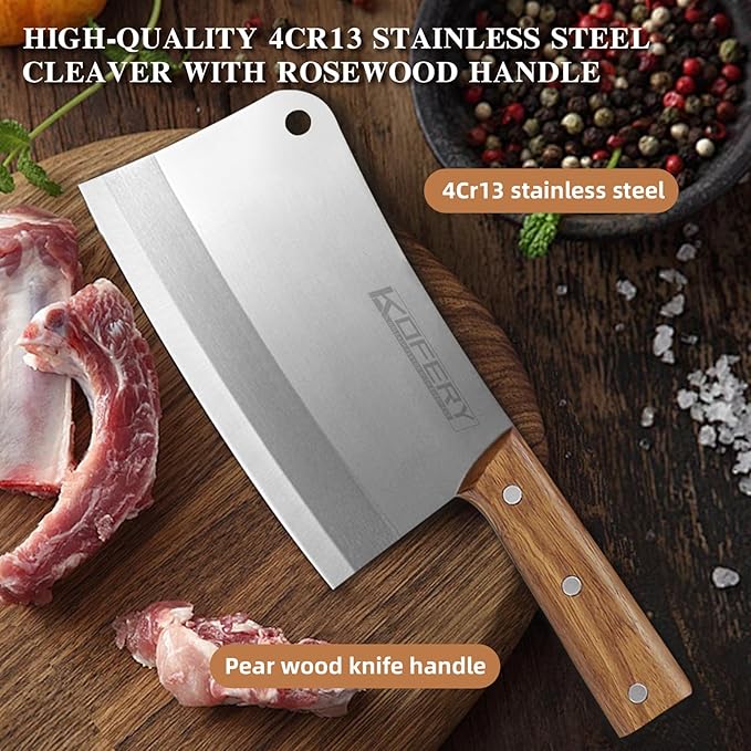 KOFERY 7.3-inch Chinese Bone Cleaver - Heavy Duty Butcher Knife Meat Chopper with Nature Wooden Handle, Perfect for Home Kitchen Use