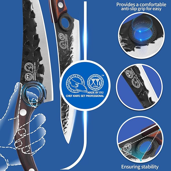 XYJ Professional Kitchen Knife Set with High-Carbon Steel Forged Blades, Chef's Knife, Cleaver, Carving Knife, Nakiri, Full Tang Design, Includes Carrying Bag & Poultry Scissors