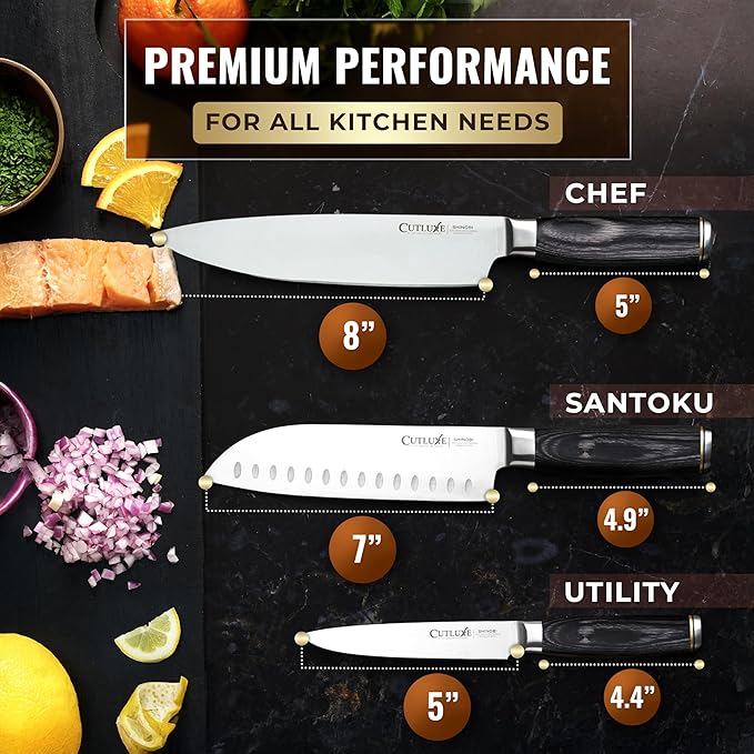 Cutluxe 3-Piece Chef Knife Set – Ultra Sharp Japanese Kitchen Knives, High Carbon Stainless Steel Blades, Full Tang Pakkawood Handles – Shinobi Series