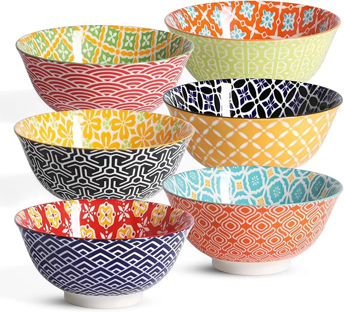Ceramic Cereal Bowls, 23 Oz Colorful Soup Bowls, Deep Porcelain Bowl Set for Salad, Dessert, Pasta, Ice Cream,Set of 6
