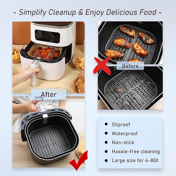 100PCS Air Fryer Paper Liners, Disposable Non-Stick Air Fryer Parchment Paper Fit 4-8QT Air fryer Basket Oil Resistant, Waterproof Baking Paper Roasting Microwave (Square,8 Inch)
