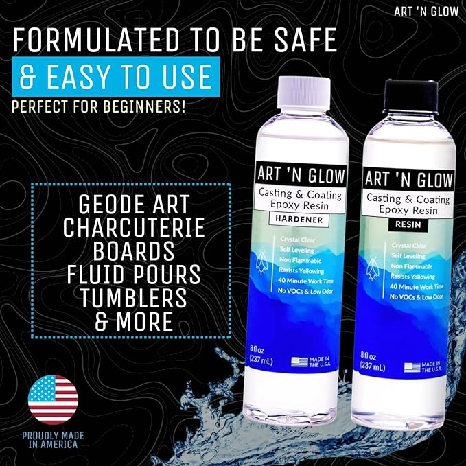 Art 'N Glow Epoxy Resin 2 Gallon Kit - Crystal Clear, UV Resistant, Self Leveling, Food Safe for Table Top, Crafts, Wood, Casting, Jewelry Making, Use with Mica Powder, Silicone Molds, Alcohol Ink