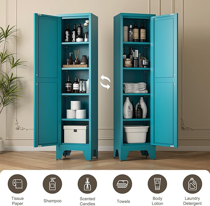 67" Tall Narrow Bathroom Metal Storage Cabinet with 4 Adjustable Shelves, Freestanding 5 Tier Slim Pantry Storage Cabinet for Small Space, Peacock