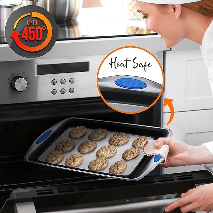 NutriChef 6-Piece Baking Pan Set - Carbon Steel Stackable Bakeware with Blue Silicone Handles & Nonstick Coating, Includes Cookie Sheets, Roaster Pan with Lid, Loaf Pan, and 12 Cup Muffin Pan (Gray)