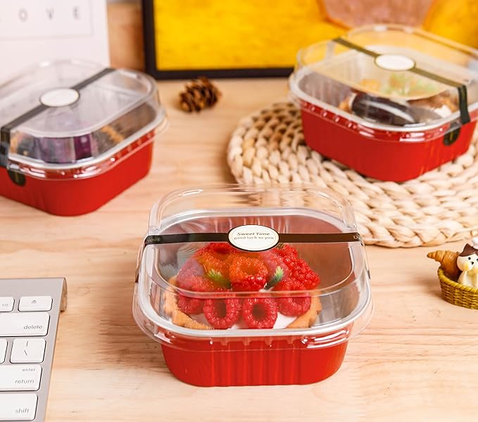 50 Pcs Mini Square Baking Cups with Lids and Spoons Aluminum Foil Mini Cake Pans with Lids Disposable Ramekins Cake Pans Dessert Cups for Wedding Birthday Party(Red,10oz)