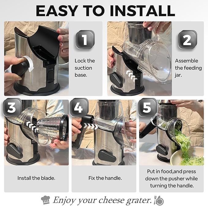 Rotary Cheese Grater with Handle,3 Changeable Blades for Kitchen Vegetable Cheese Shredder Slicer Grater,Nut Grinder,Easy to Use and Clean,Stainless Steel-Black Silver