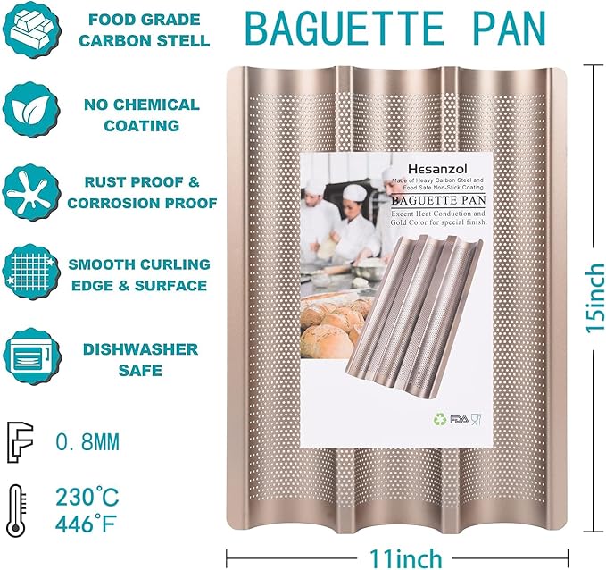 Baguette Pans for Baking 15" x 11", Carbon Steel 3 Loaf Nonstick Baguette Baking Tray for French & Italian Perforated French Bread Pan