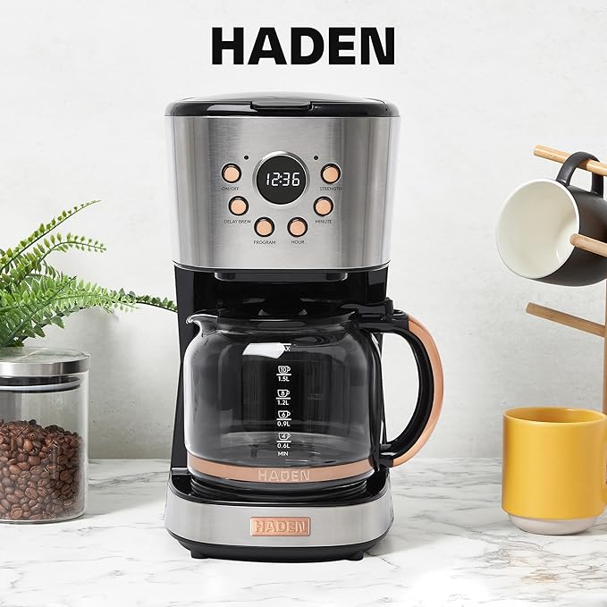 HADEN Heritage 12 Cup Programmable Retro Coffee Maker Machine Bundled with 2 Slice Wide Slot Toaster with Removable Crumb Tray, Steel/Copper