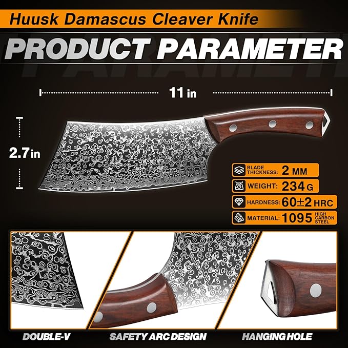 Huusk Meat Cleaver Knife Japanese Kitchen Knife 6.4 Inch, Hand Forged Butcher Knife for Meat Cutting, Vegetable Chopping Knife High Carbon Steel Damascus Pattern Chef Knife Cooking Gift for Men Women