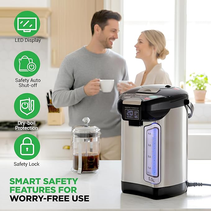 NutriChef Digital Water Boiler and Warmer - 5L/5.28 Qt Stainless Electric Hot Water Dispenser w/LCD Display, Rotating Base, Keep Warm, Auto Shut Off, Safety Lock, Instant Heating for Coffee & Tea