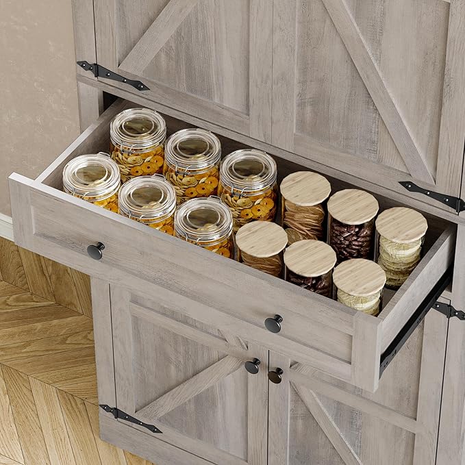 Pantry Organizers and Storage Cabinet, 70” Barn Door White Kitchen Cabinet with Drawers and Adjustable Shelf, Tall Pantry for Kitchen, Dining Room, Living Room Bedroom