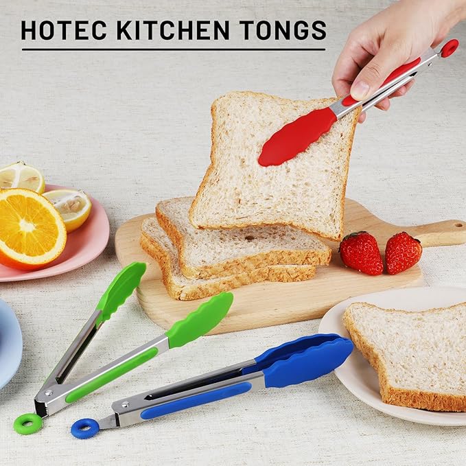 Hotec Mini Silicone Kitchen Tongs for Cooking - 7-Inch Small Serving Tongs with Silicone Tips, Set of 3 (Red,Blue,Green)