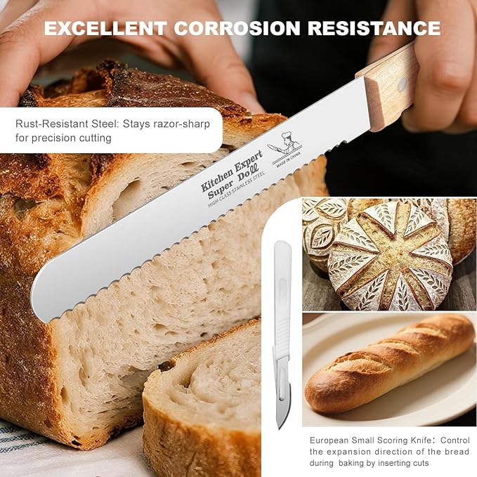 2-Pack Bread Knife & Bread Lame Set: 10" Premium Stainless Steel Serrated Knives Blade with Wood Handle for Homemade Bread, Sourdough Tomato, Bagel + Dough Scoring Tool for Razor Sharp Carving