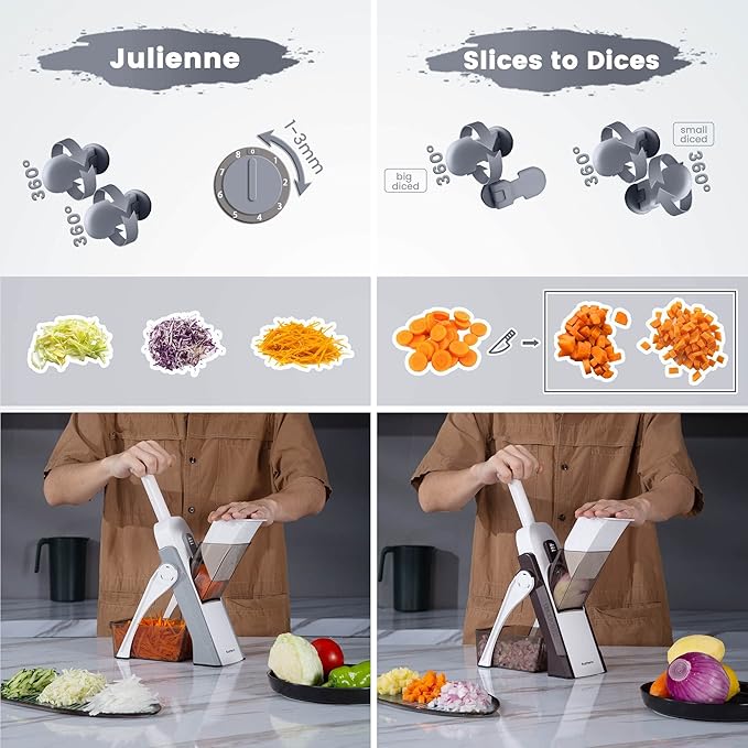 SupMaKin Safe Mandoline Slicer, Potato Slicer Maual Vegetable Chopper Adjustable Thickness Food Cutter, Kitchen Chopping Artifact for Cooking Meal Prep (Gray)