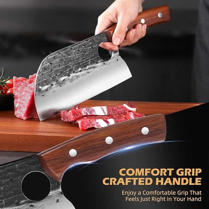 8'' Hand Forged Wood Butcher Knife Santoku for Meat Cutting Bone Chopping Kitchen Outdoor BBQ Camping